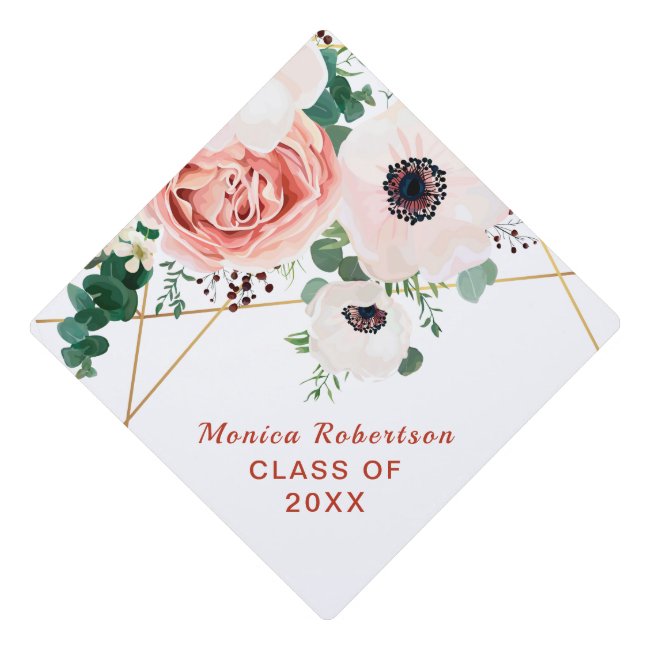 Graduate Class Of 2021 Floral Flowers White Graduation Cap Topper