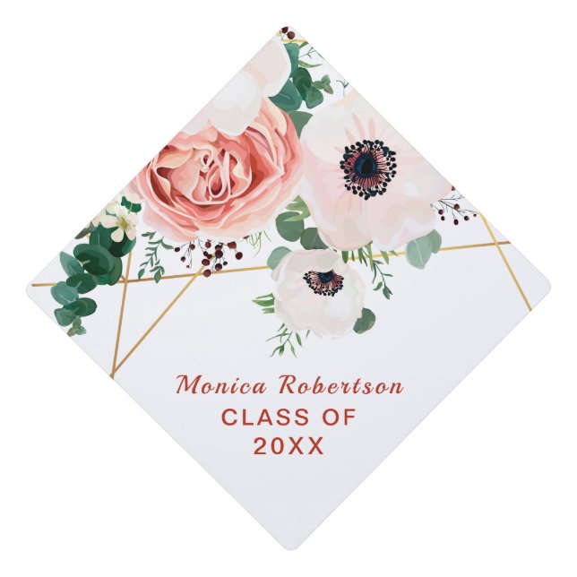 Graduate Class Of 2020 Floral Flowers White Graduation Cap Topper (Front)