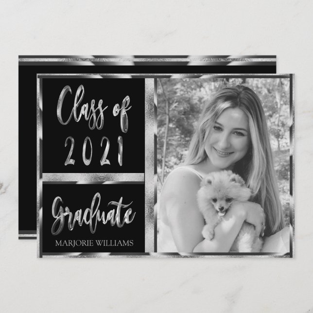 Graduate Class of 2021 Black and Silver Script Invitation (Front/Back)