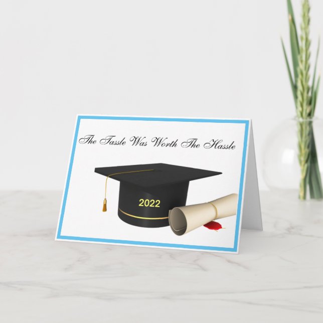 Graduate Class of 2022 Cap and Tassel Blue Border Card (Front)