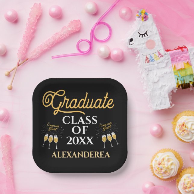 Graduate Class of 2022 Congrats Gold Black Custom Paper Plates (Party)