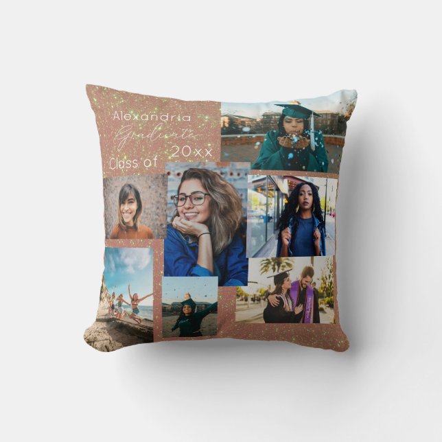 Graduate Class of Photo Collage Pink Glitter Throw Pillow (Front)
