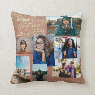 Graduate Class of Photo Collage Pink Glitter Throw Pillow