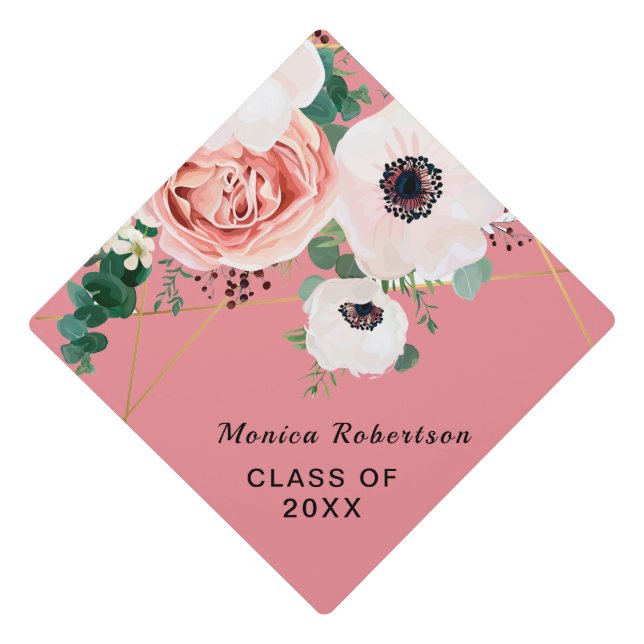 Graduate Class Pink Floral Flowers Graduation Graduation Cap Topper (Front)