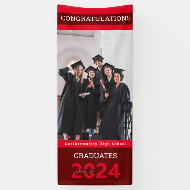 Graduate Class Red Burgundy Photo Graduation Banner (Vertical)