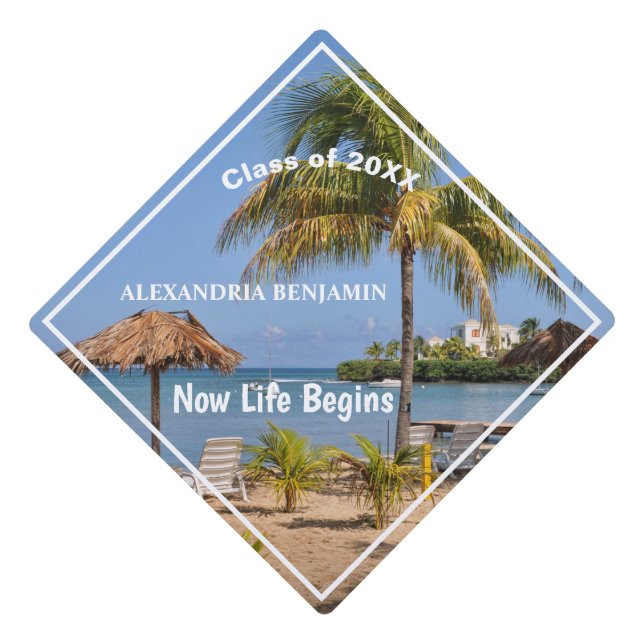 Graduate Class Trendy Tropical Now Life Begins Graduation Cap Topper (Front)
