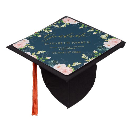Graduate class year and school floral gold script  graduation cap topper