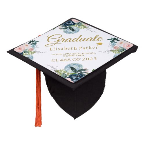 Graduate class year and school floral gold script graduation cap topper
