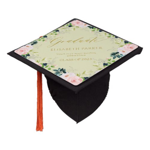 Graduate class year and school floral gold script  graduation cap topper