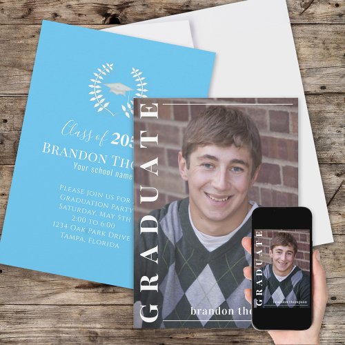 Graduate Classic Photo Simple Laureate Light Blue Invitation