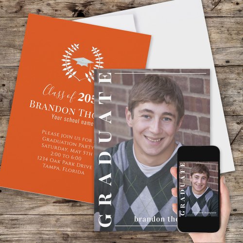 Graduate Classic Photo Simple Laureate Orange  Invitation