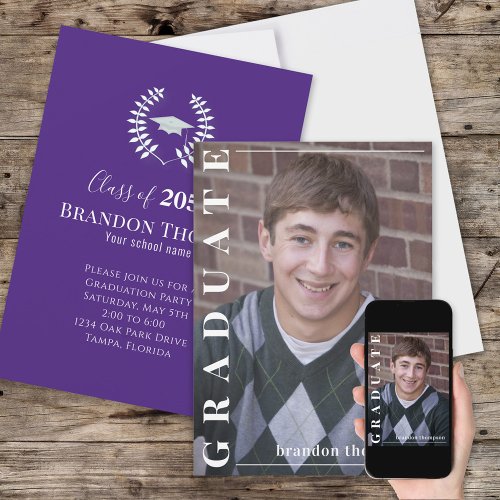 Graduate Classic Photo Simple Laureate Purple Invitation