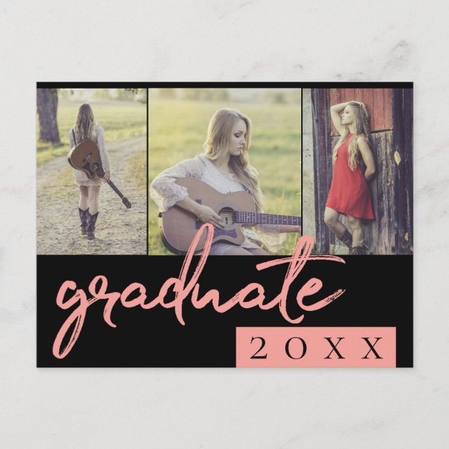 Graduate Collage | Coral Script 3 Photo Keepsake Invitation Postcard (Front)