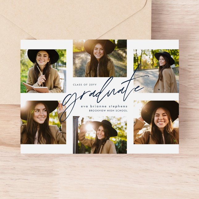 Graduate collage six photo modern navy graduation announcement (Creator Uploaded)