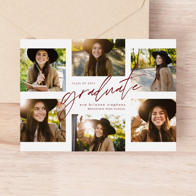 Graduate collage six photo modern red graduation announcement (Creator Uploaded)