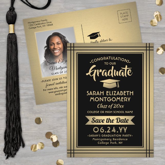 Graduate Congrats Black & Gold Save the Date Photo Announcement Postcard (Creator Uploaded)