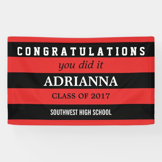 Graduate Congratulations Black And Red Stripes Banner (Horizontal)