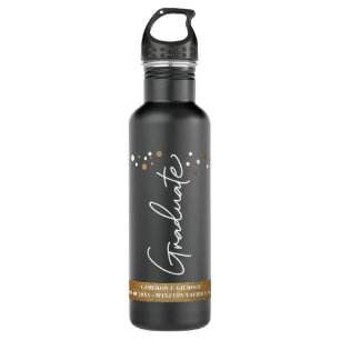 Graduate Custom School name Confetti Gold black  Stainless Steel Water Bottle
