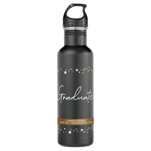 Graduate Custom School name Confetti Gold black Stainless Steel Water Bottle