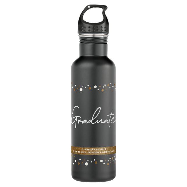 Graduate Custom School name Confetti Gold black Stainless Steel Water Bottle (Front)