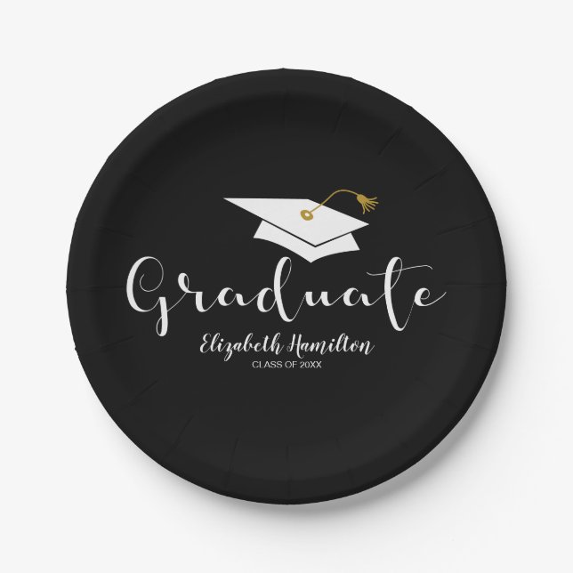 Graduate Cute Calligraphy Grad Cap Graduation Paper Plates (Front)