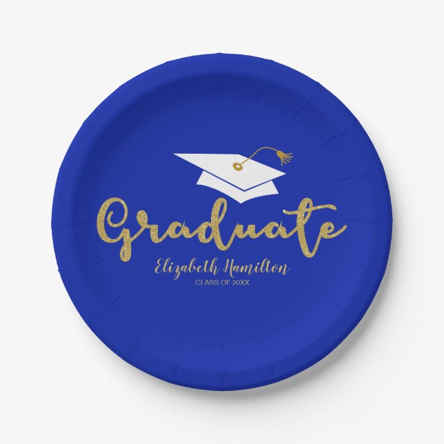 Graduate Cute Gold Glitter Calligraphy Graduation  Paper Plates (Front)