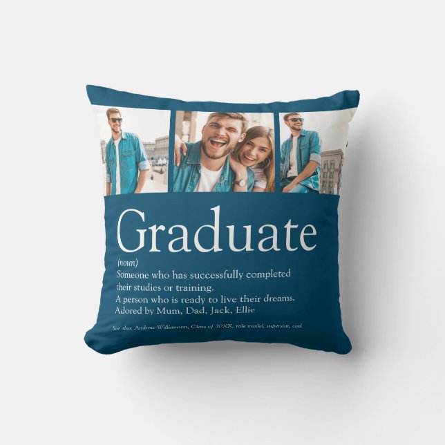 Graduate Definition 3 Photo Collage Modern Blue Throw Pillow (Front)