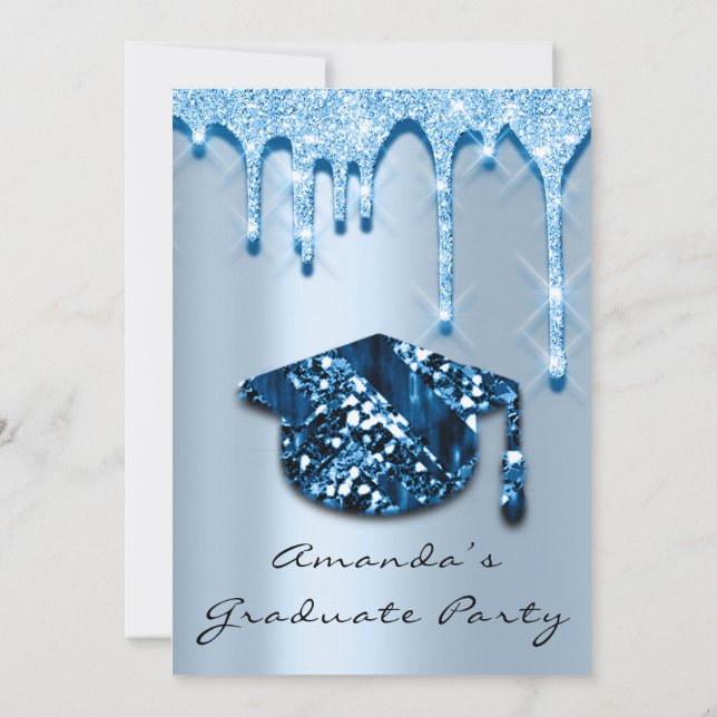 Graduate Drips Blue  Navy Cap3D Effect Glam Party Invitation (Back)
