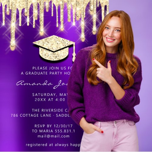 Graduate Drips Gold Cap Glitter Glam Purple 3D Invitation