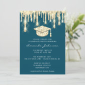 Graduate Drips Gold Cap Glitter Glam Teal 3D Invitation (Standing Front)