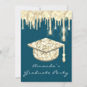 Graduate Drips Gold Cap Glitter Glam Teal 3D Invitation (Back)