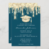 Graduate Drips Gold Cap Glitter Glam Teal 3D Invitation (Front/Back)