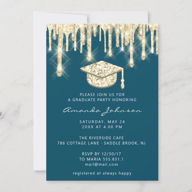 Graduate Drips Gold Cap Glitter Glam Teal 3D Invitation (Front)