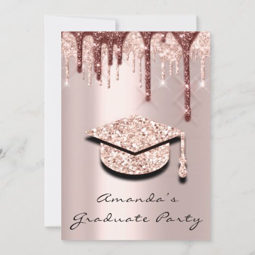 Graduate Drips Rose Gold Cap 3D Brown Glam Party Invitation