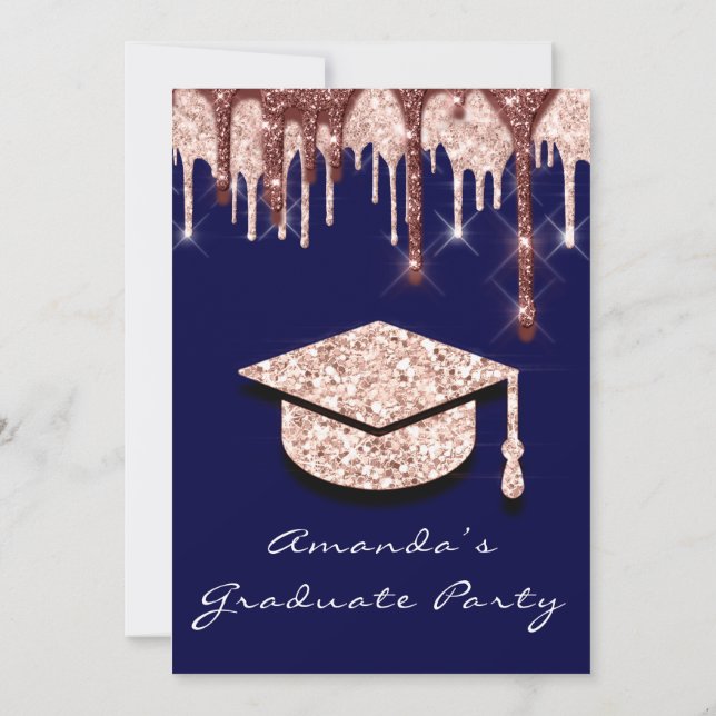 Graduate Drips Rose Gold Cap 3D Glam Navy Glamy Invitation (Back)