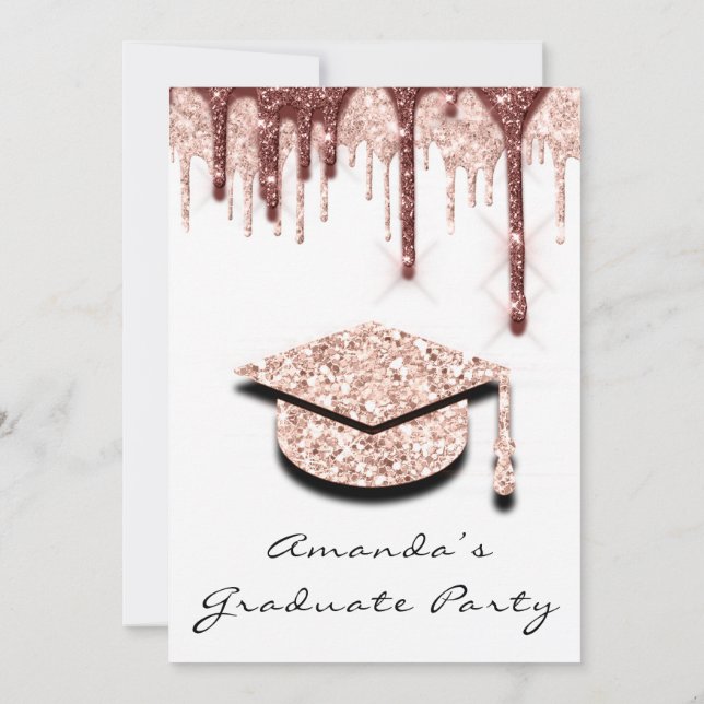 Graduate Drips Rose Gold Cap 3D  Glam WHite Invitation (Back)