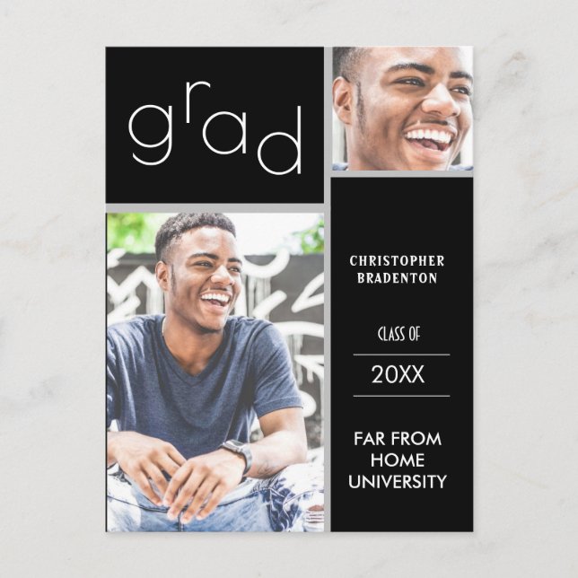 Graduate Dual Photo Black Announcement Postcard (Front)