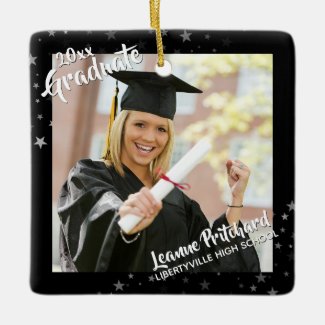 Graduate Editable Black & Stars Two-Photo Ceramic Ornament