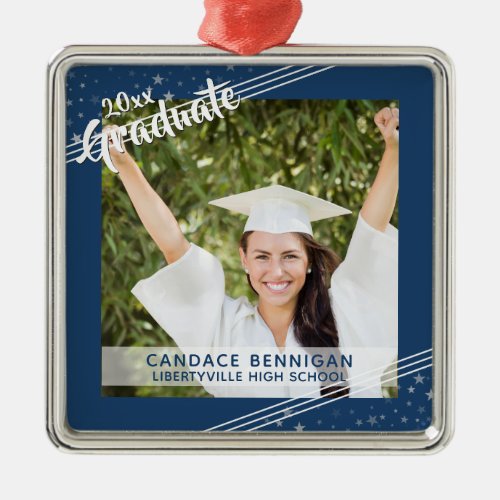 Graduate Editable Blue Lines  Stars Keepsake Metal Ornament