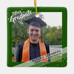 Graduate, Editable Green Border, Two-Photo Ceramic Ornament