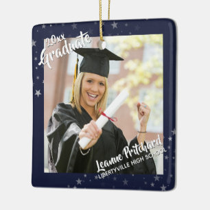 Graduate Editable Navy Blue & Stars Two-Photo Ceramic Ornament