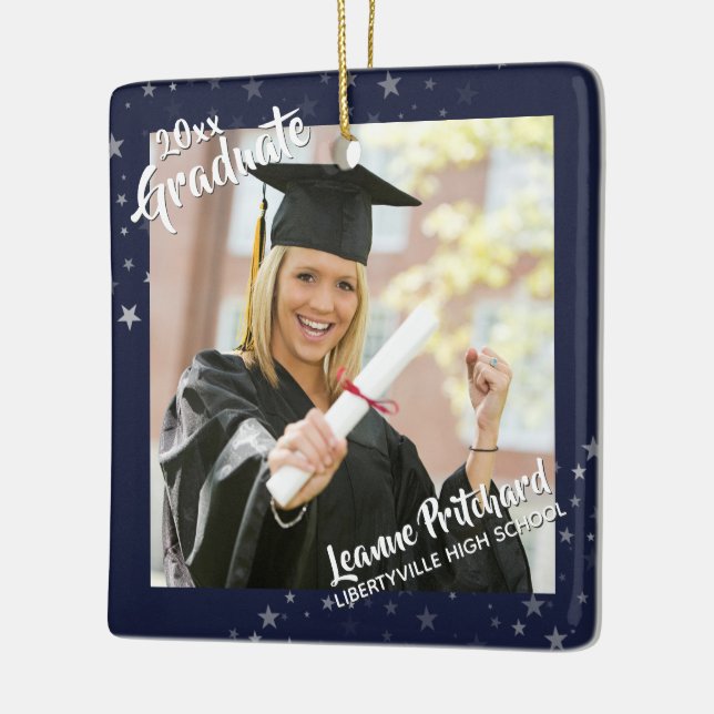 Graduate Editable Navy Blue & Stars Two-Photo Ceramic Ornament (Left)