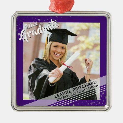 Graduate Editable Purple Border Photo Metal Ornament