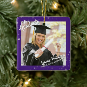 Graduate Editable Purple & Stars, Two-Photo Ceramic Ornament