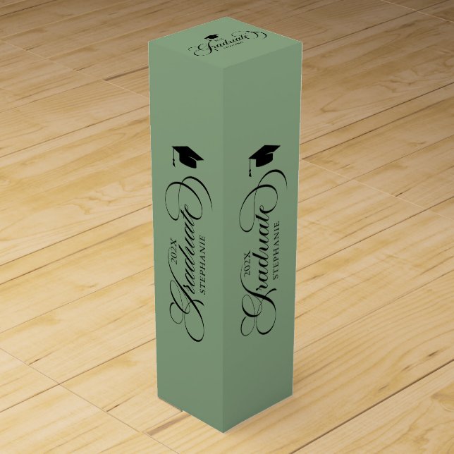 Graduate Elegant Black Green Script Typography Wine Box (Front)