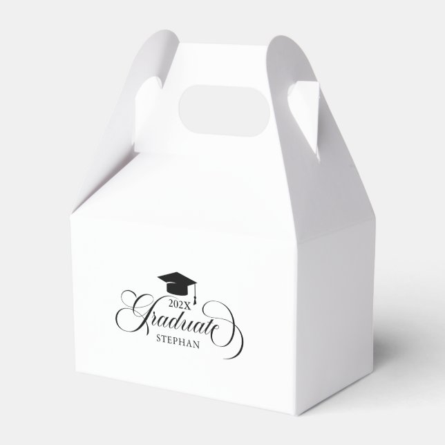 Graduate Elegant Black Script Typography Favor Boxes (Front Side)