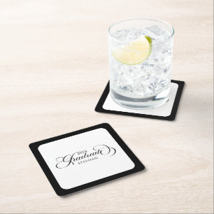 Graduate Elegant Black Script Typography Square Paper Coaster