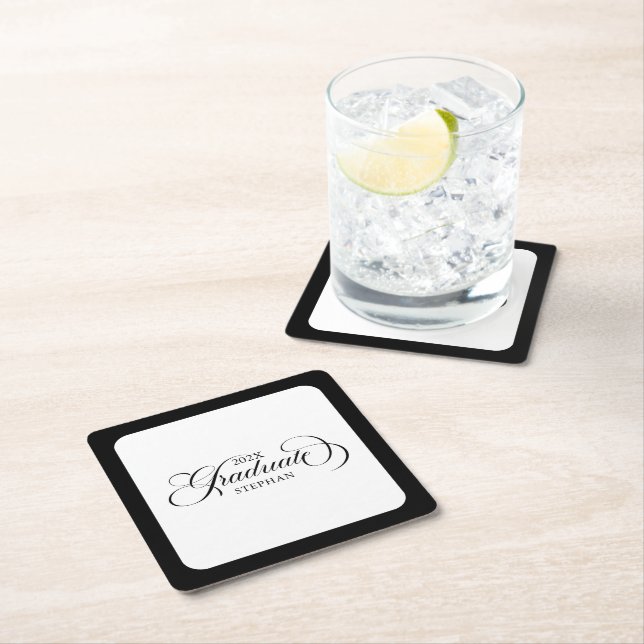 Graduate Elegant Black Script Typography Square Paper Coaster (Insitu)