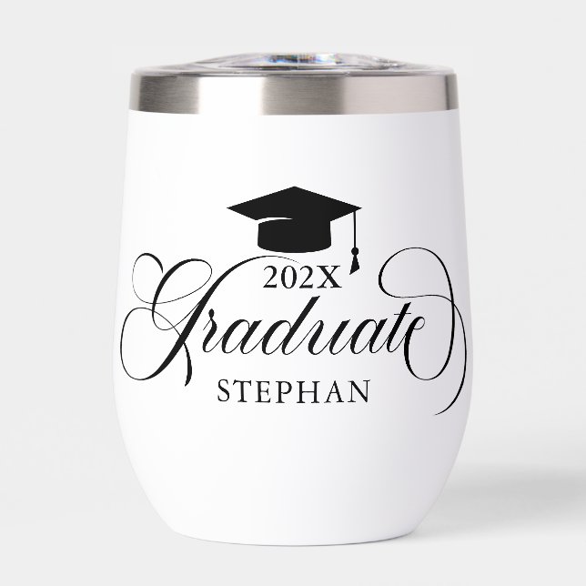 Graduate Elegant Black Script Typography Thermal Wine Tumbler (Front)