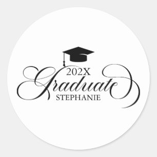 Graduate Elegant Black White Script Typography Classic Round Sticker
